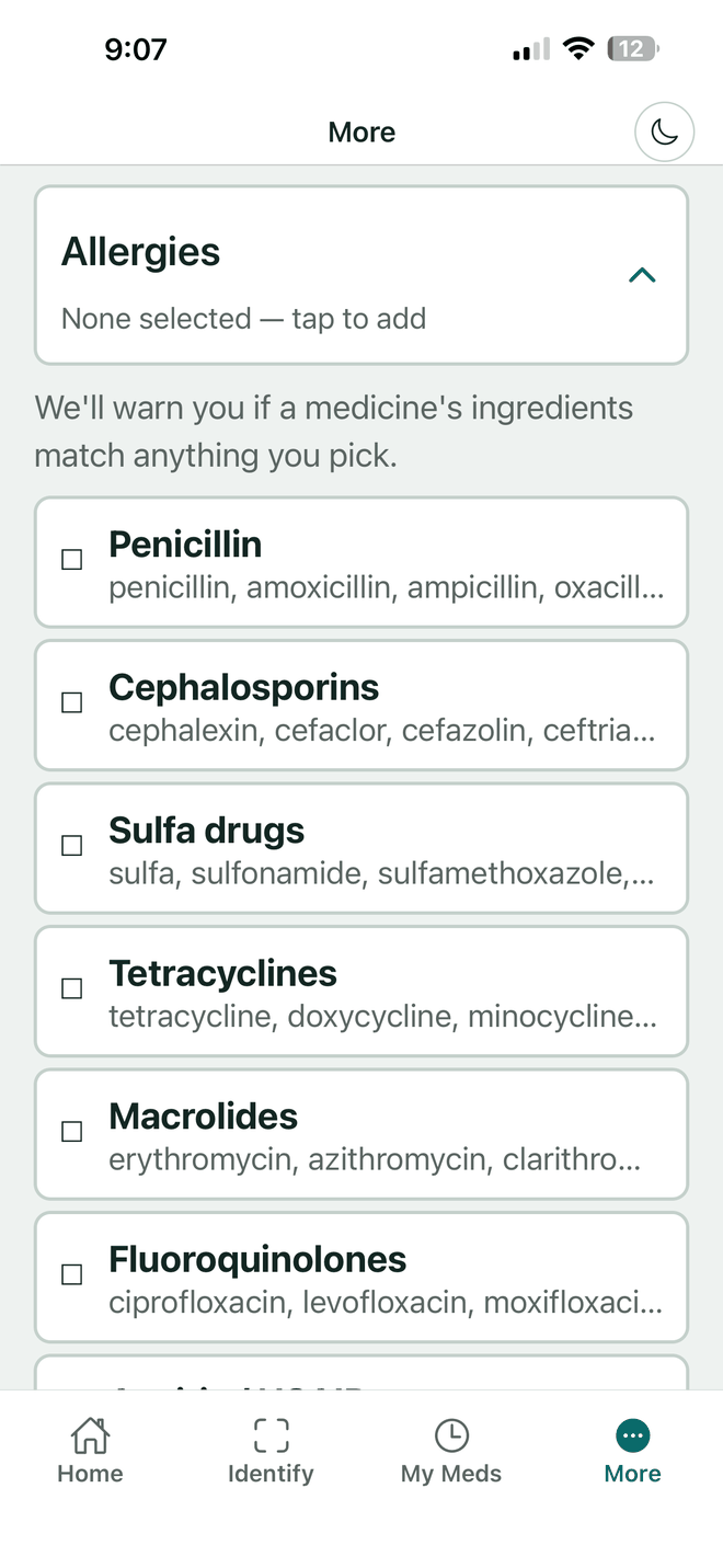 VerifyDrugLabel settings screen showing the allergy catalogue where each person's allergies are recorded