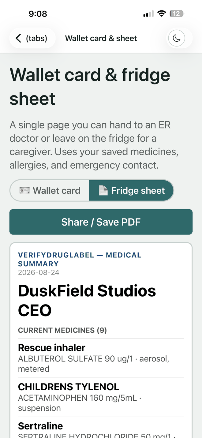 VerifyDrugLabel fridge sheet screen showing a one-page medicine list in large type