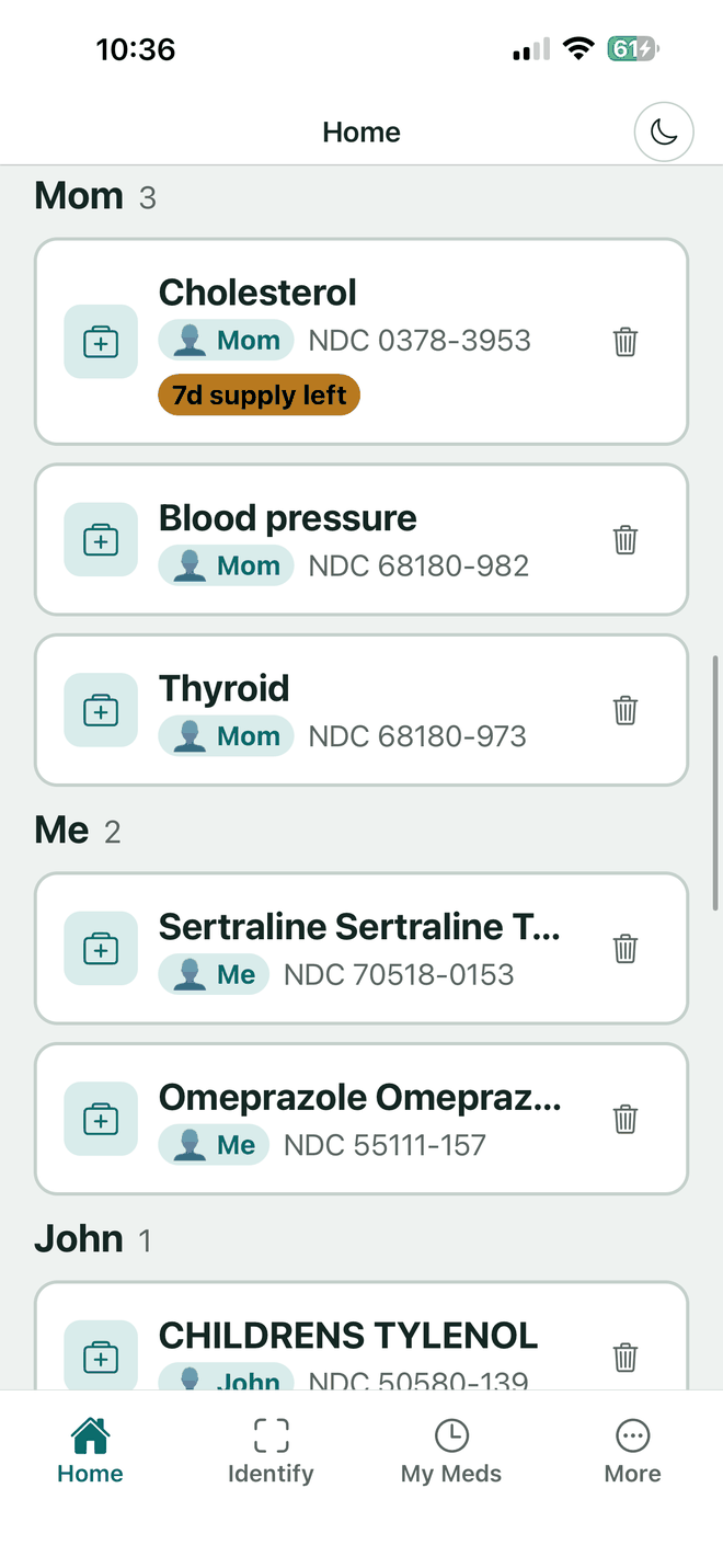 VerifyDrugLabel home screen with medicines grouped by person into Mom, Me and John