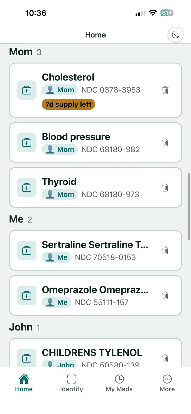 VerifyDrugLabel home screen with medicines grouped by person into Mom, Me and John