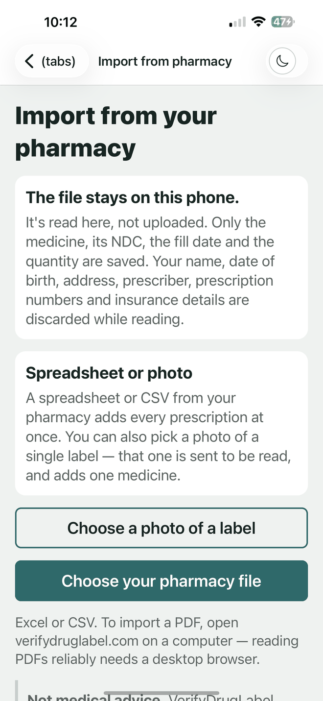 VerifyDrugLabel import screen offering to bring in a pharmacy prescription record from a file