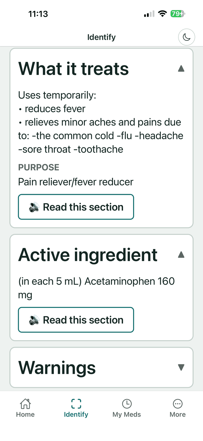 A medicine label shown in VerifyDrugLabel in large, high-contrast type