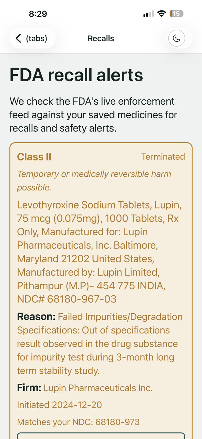 VerifyDrugLabel FDA recall alerts screen showing a recall matched against the user's own NDC