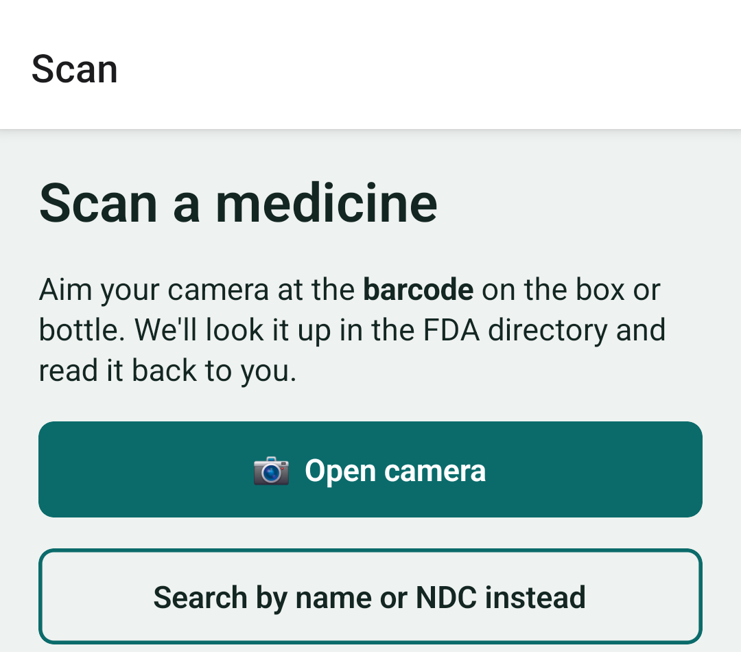 VerifyDrugLabel — Barcode, 2D code, NDC, or name — Rx or OTC