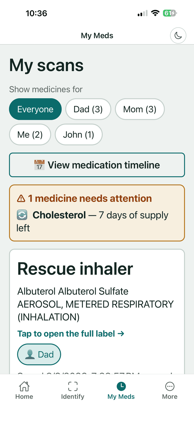 VerifyDrugLabel My Medicines screen with a filter by person and the saved medicines listed