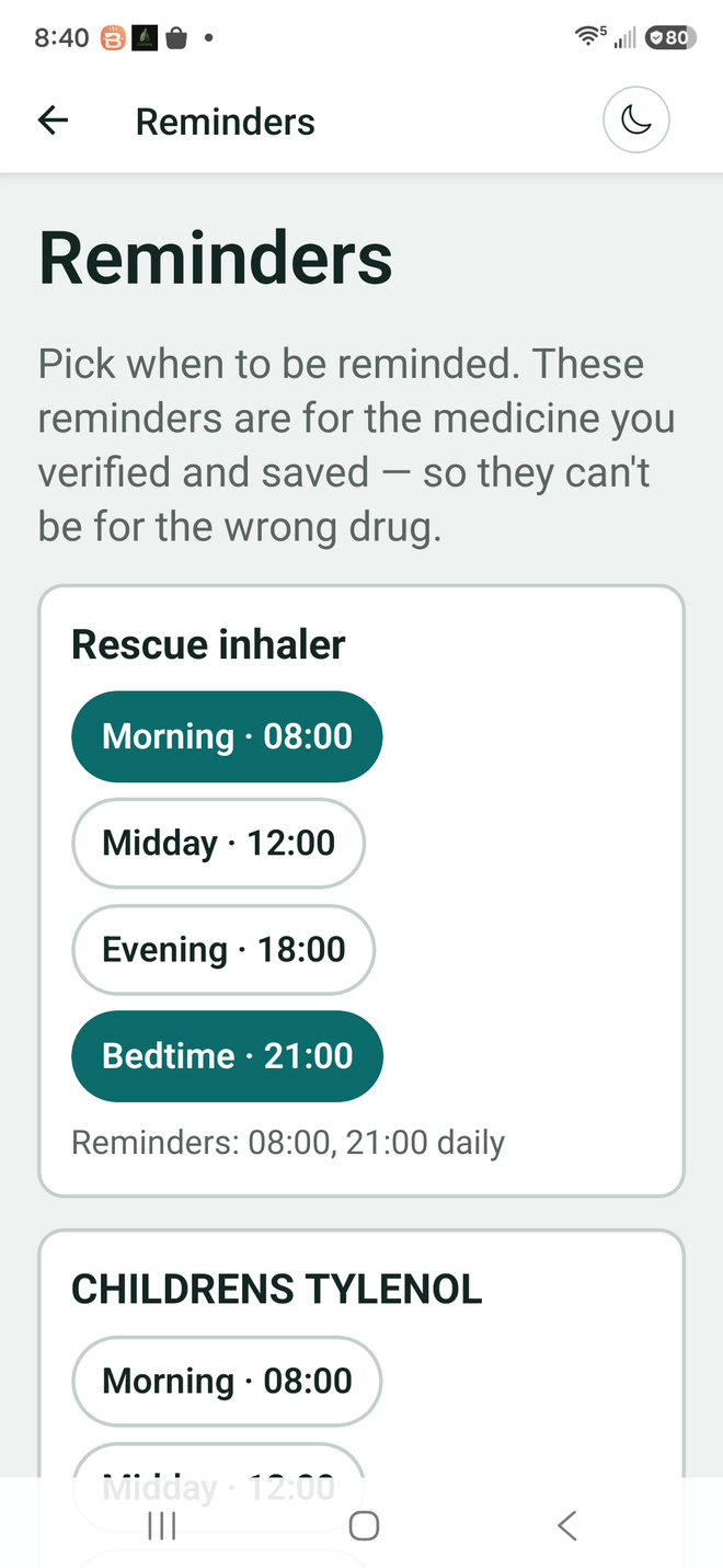 VerifyDrugLabel dose reminders screen, showing morning and bedtime times chosen for a saved medicine