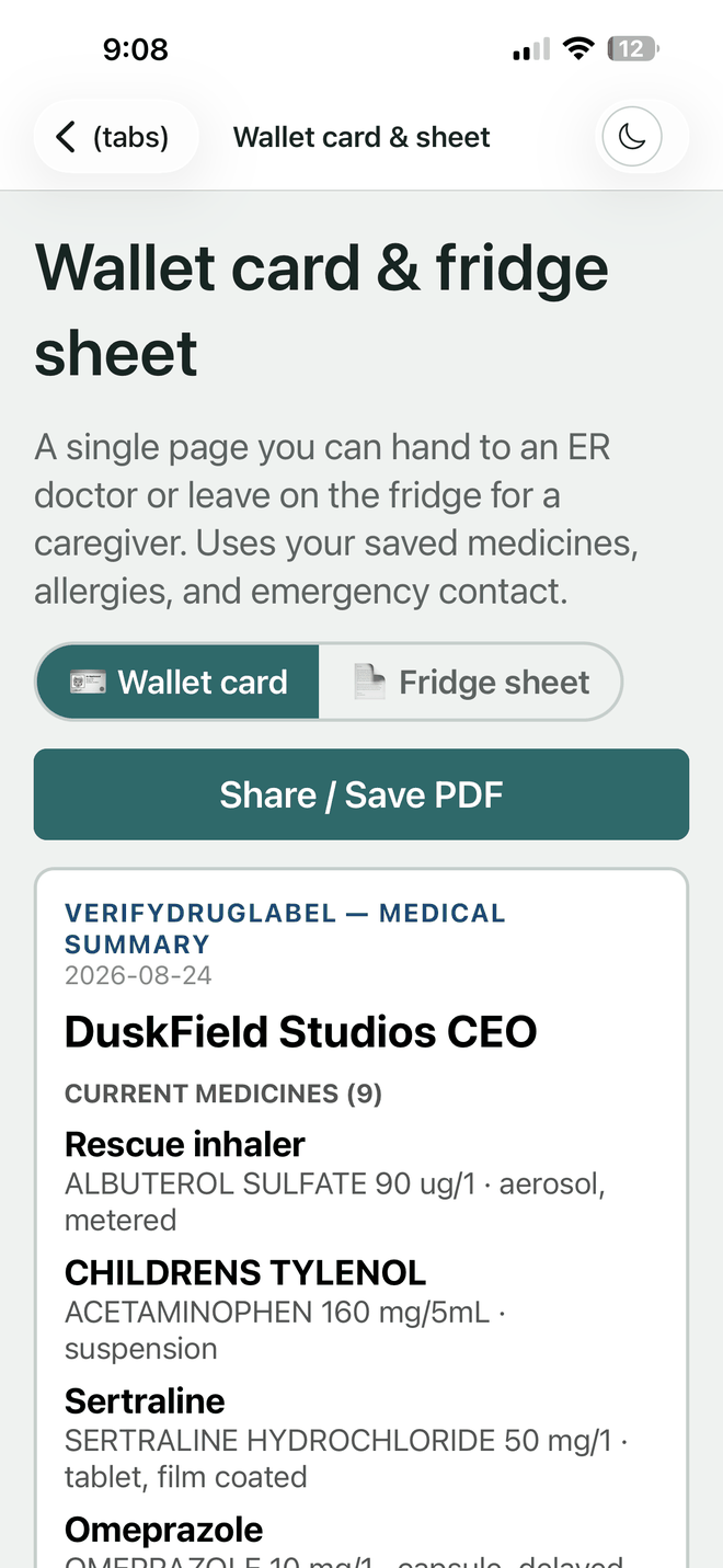 VerifyDrugLabel wallet card screen showing a printable medical summary listing current medicines