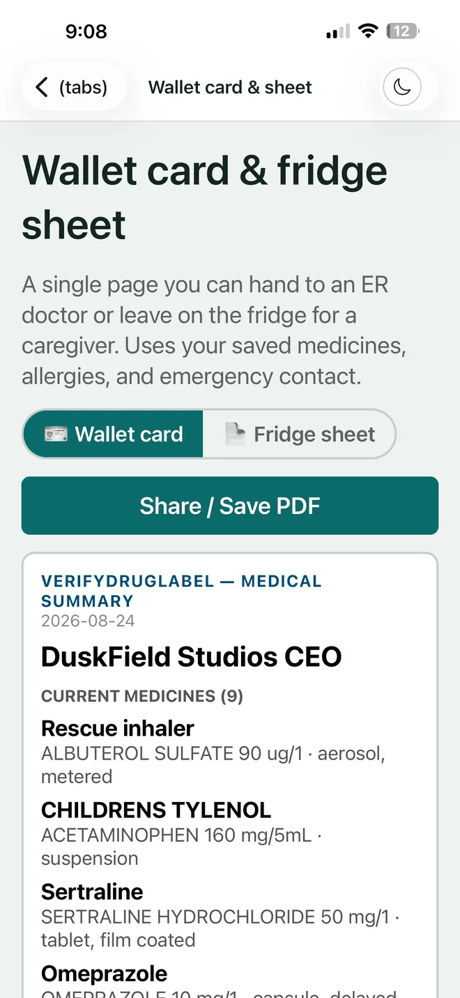 VerifyDrugLabel wallet card screen showing a printable medical summary listing current medicines